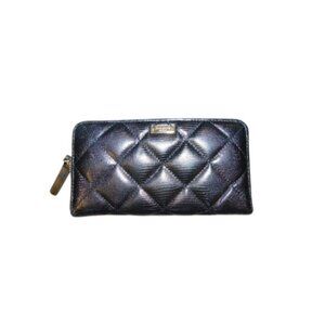 Kate Spade Large Zip Around Black Quilted Leather Clutch Wallet